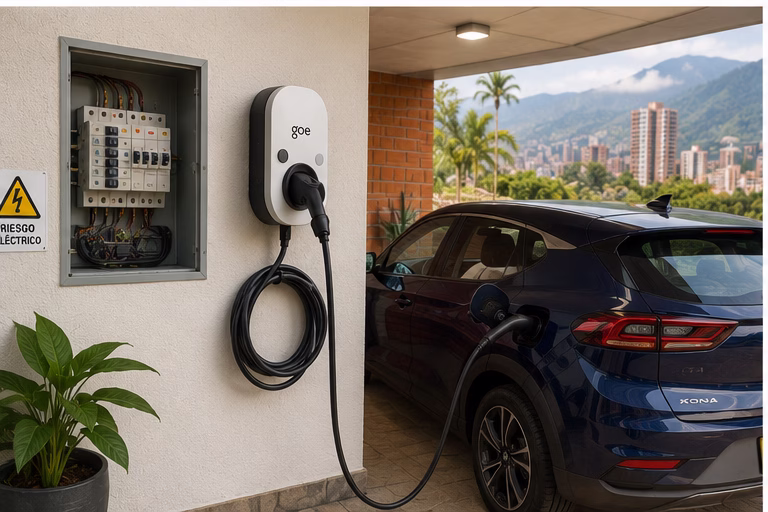 Instalación de cargador para vehículo eléctrico en casa con validación técnica.