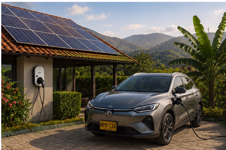 Cargador de vehículo eléctrico integrado con paneles solares y gestión energética.